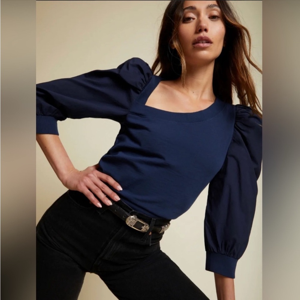 Nation LTD Navy Tori Puff Sleeve Top